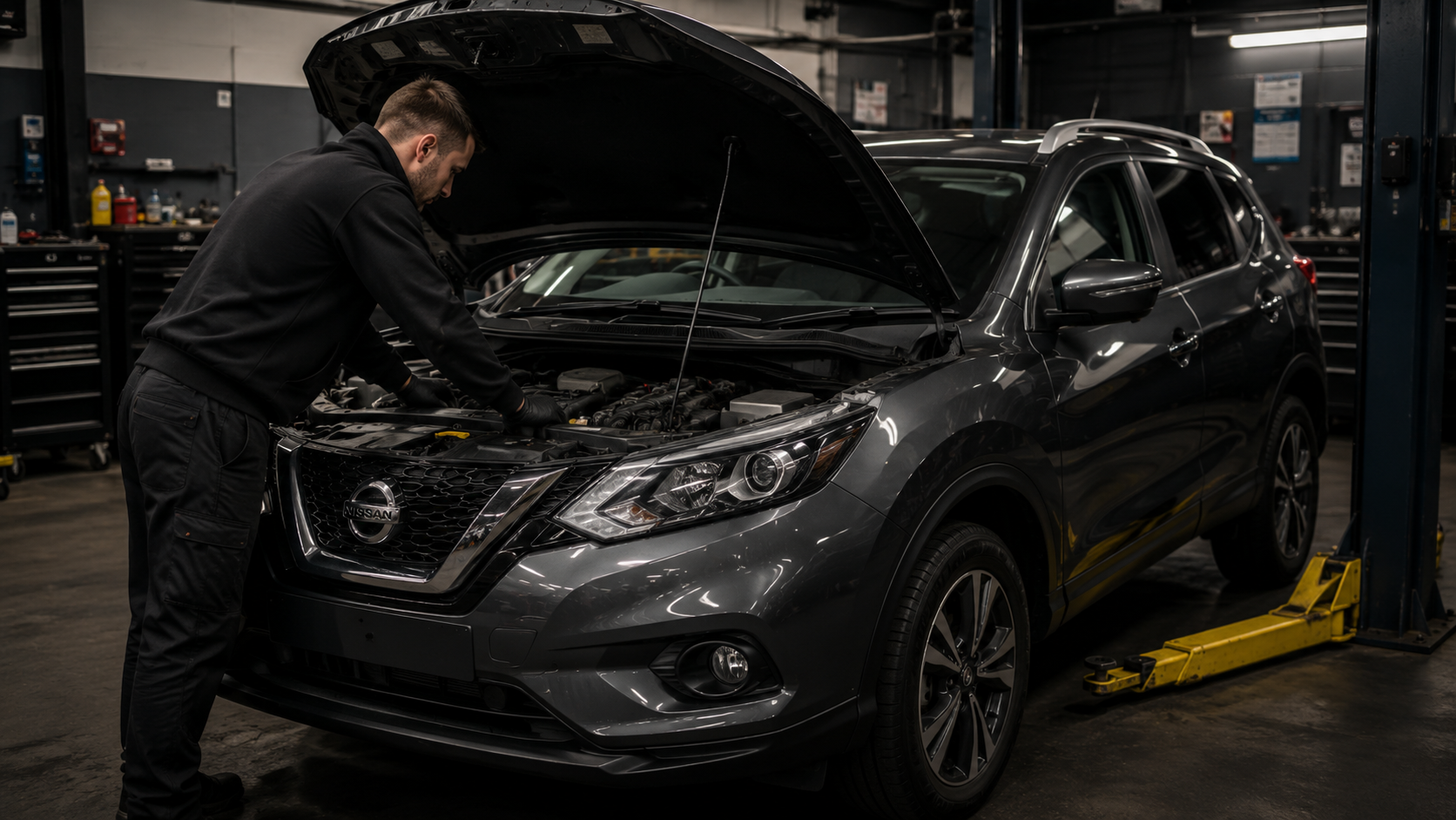 A Nissan SUV in the workshop with the bonnet open while a mechanic inspects the engine